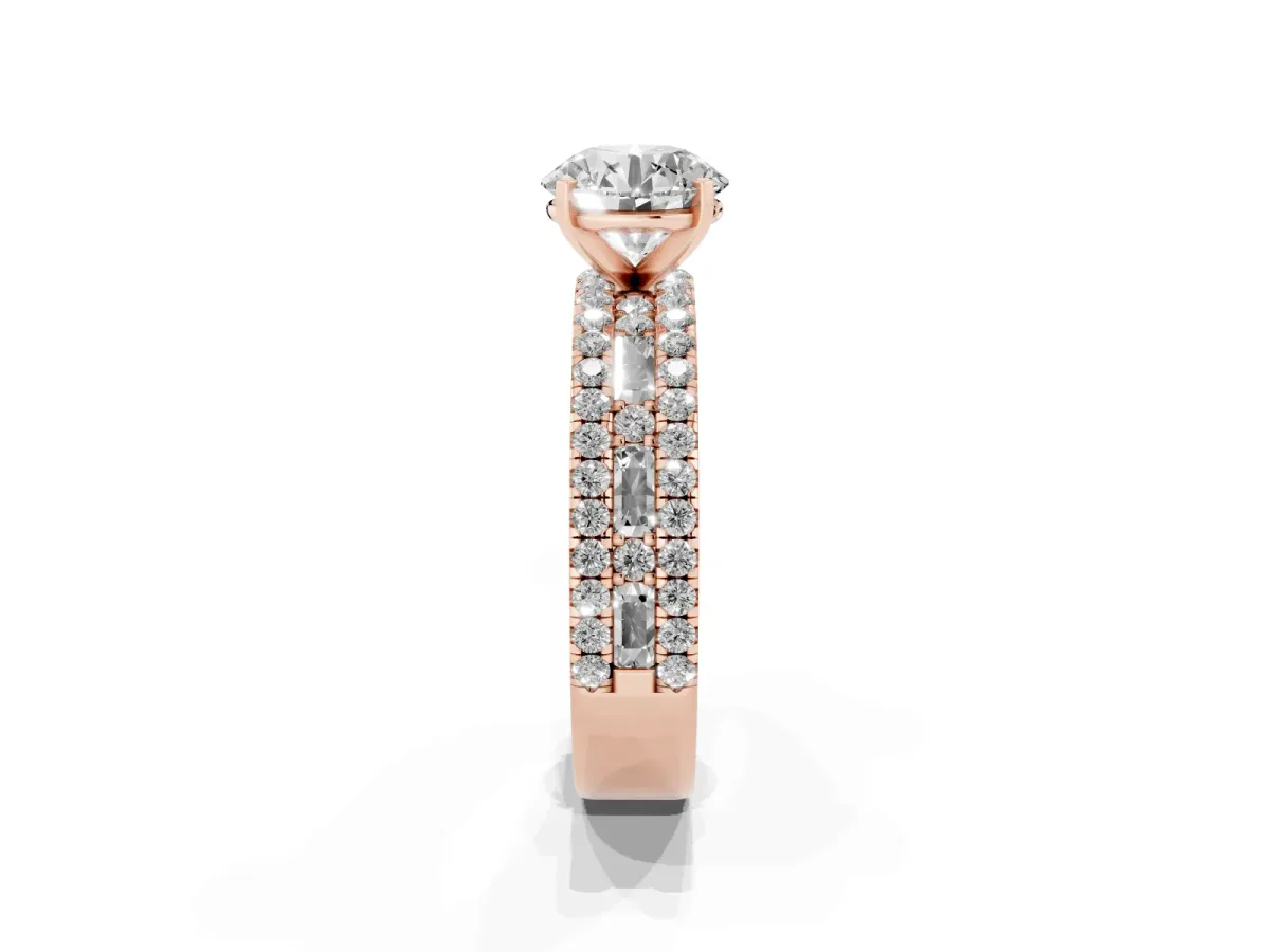 Round Cut Diamond Solitaire Ring with Pavé and Channel Set Band Rose gold