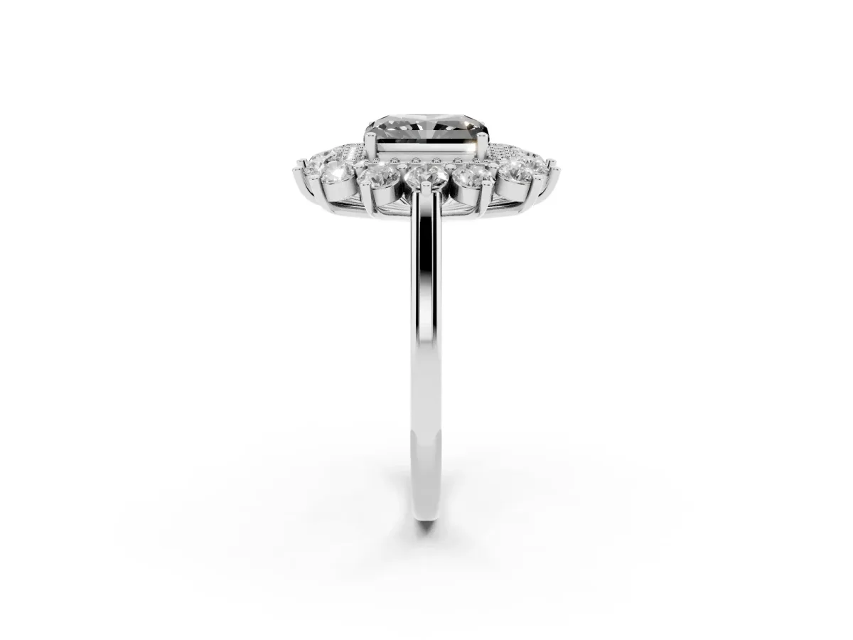 Fancy Black Radiant Cut Diamond Floral Double Halo Engagement Ring with Prong Setting Silver