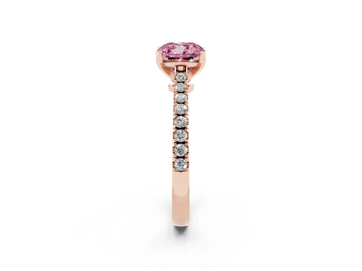 Fancy Pink Cushion Cut Cut Solitaire Diamond Engagement Ring with Pave Band and Four-Prong Setting Rose gold