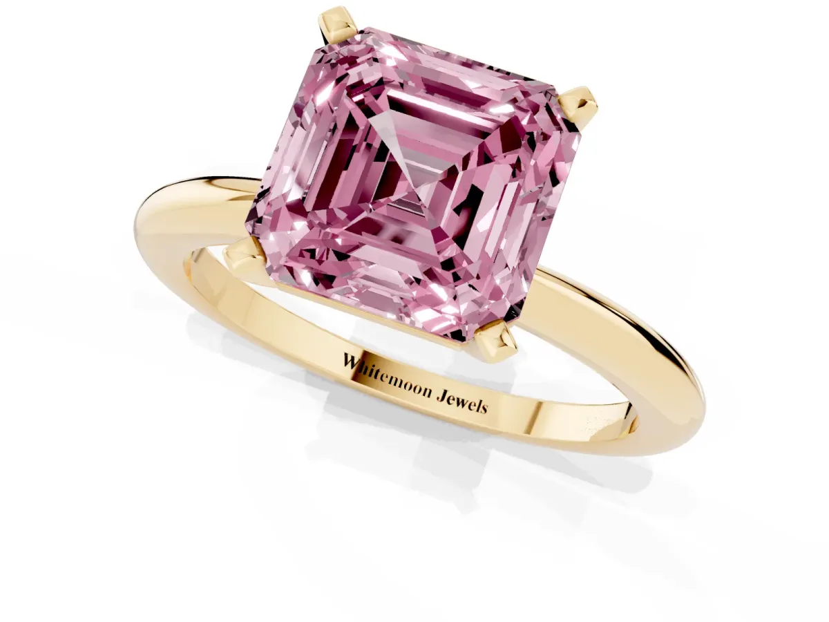 Fancy Pink Asscher Cut Diamond Solitaire Ring with Prong Setting and Classic Band Yellow gold