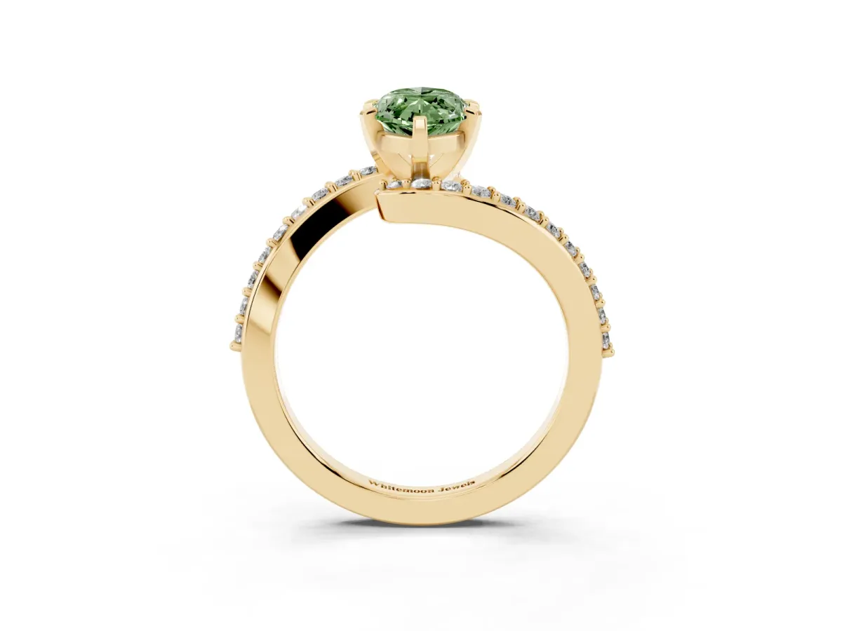 Fancy Green Marquise Cut Solitaire Twist Band with Pave Set Diamonds and Four-Prong Setting Yellow gold