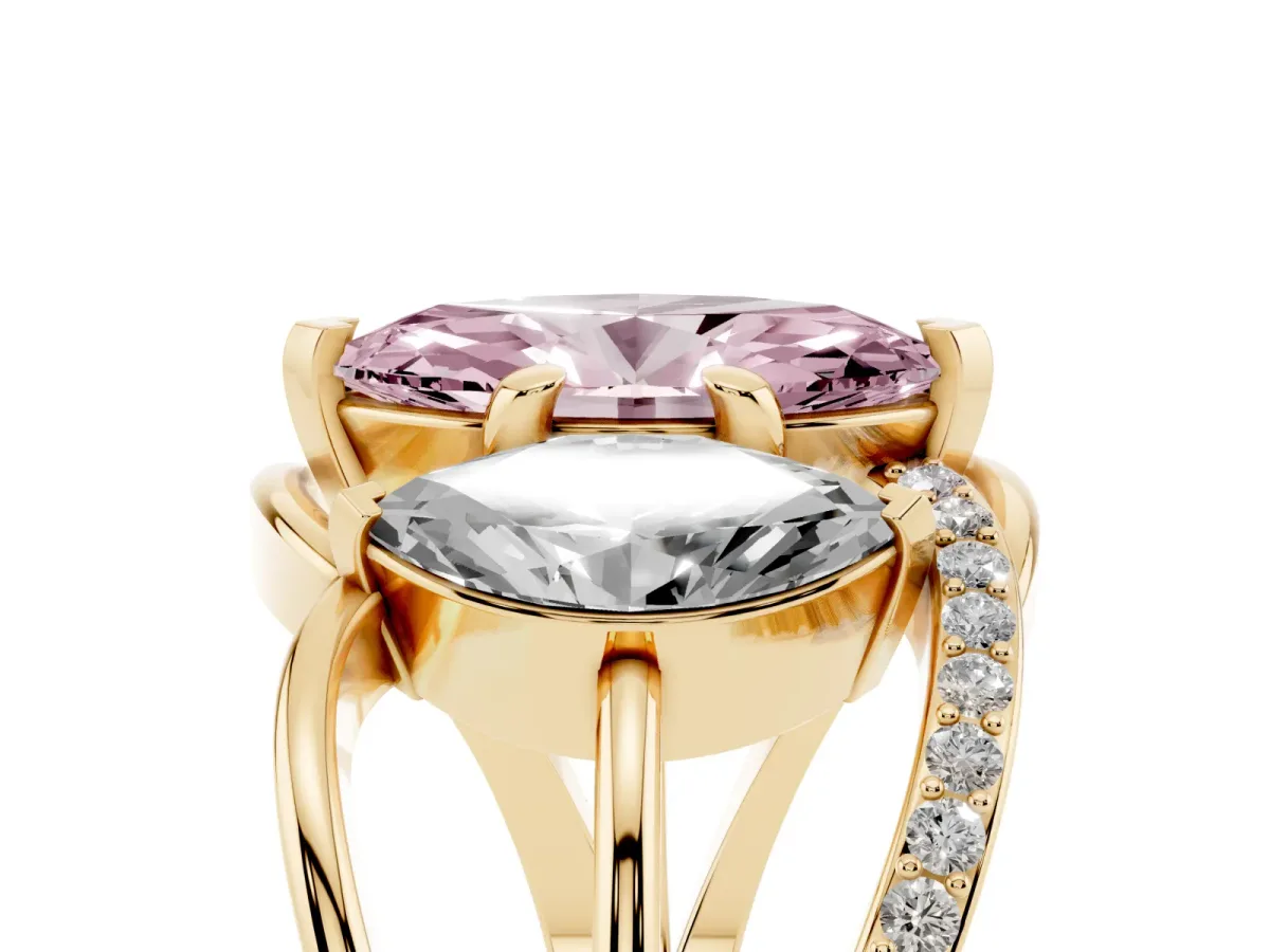 Fancy Pink Three-Stone Marquise Cut Cut Diamond Split Shank Prong Set Ring Yellow gold