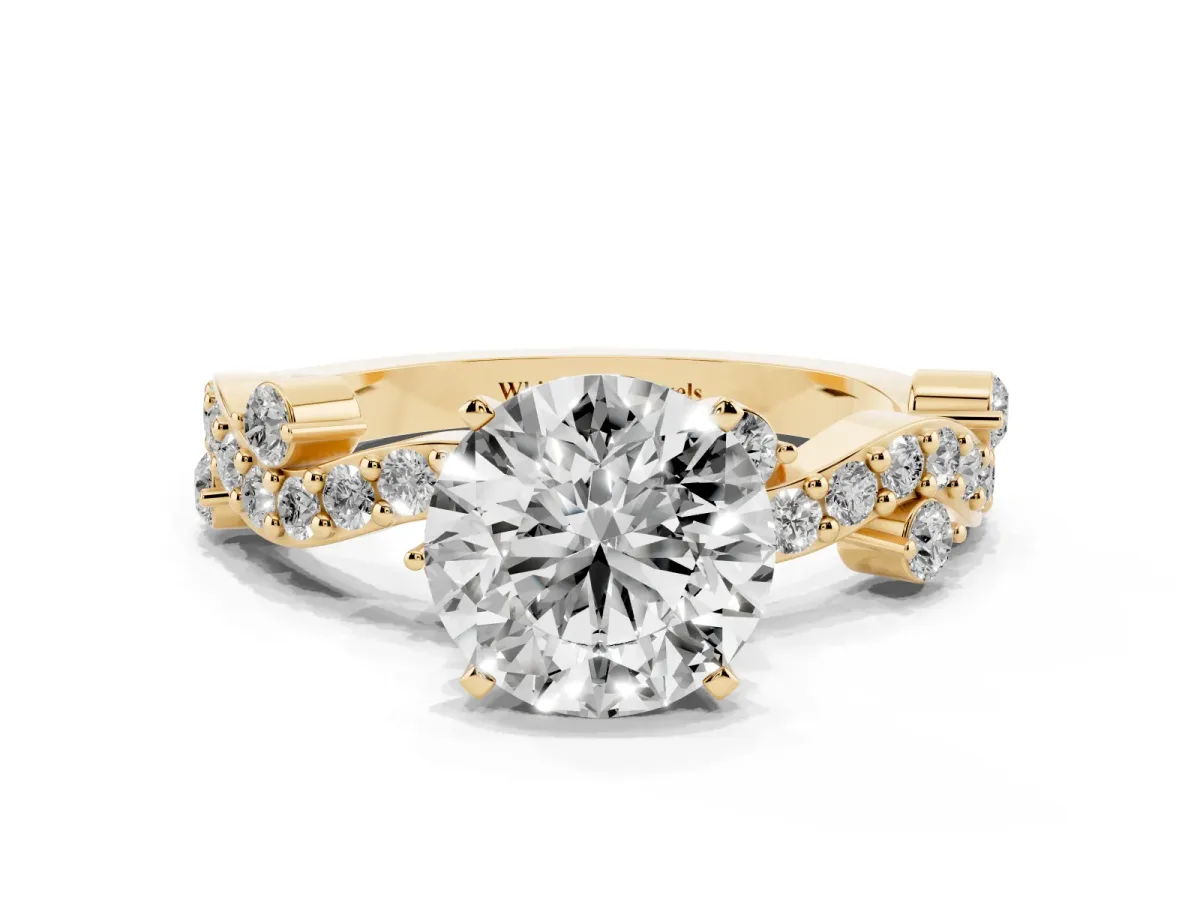 Round Cut Cut Solitaire Diamond Twisted Band with Pave Setting Yellow gold
