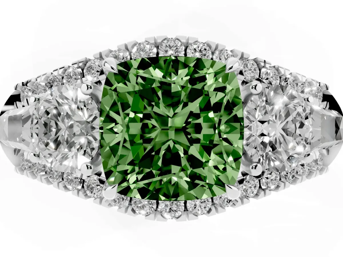 Fancy Green Three-Stone Cushion Cut Diamond Engagement Ring with Pave Band and Prong Setting Silver