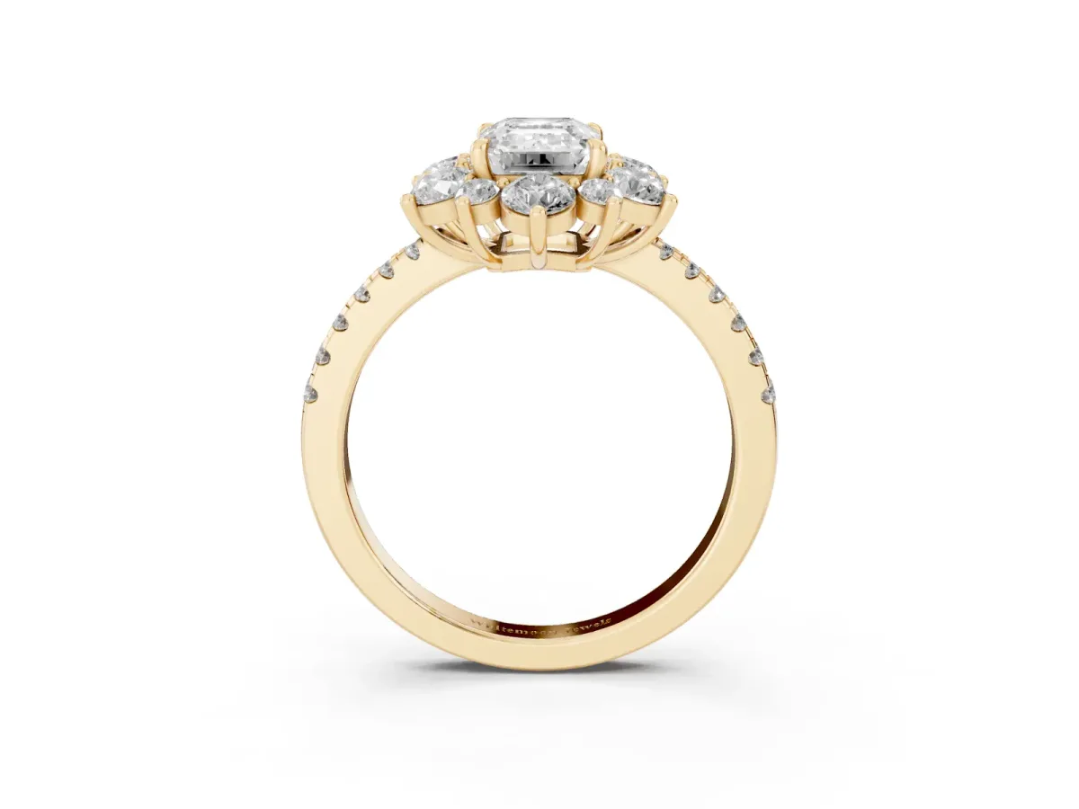Emerald Cut Diamond Floral Halo Ring with Round Pavé Band and Prong Setting Yellow gold