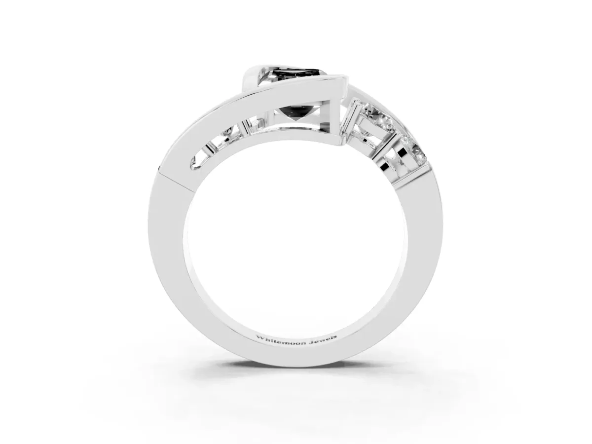 Fancy Black Bezel Set Emerald Cut Diamond Bypass Ring with Round Accents White gold