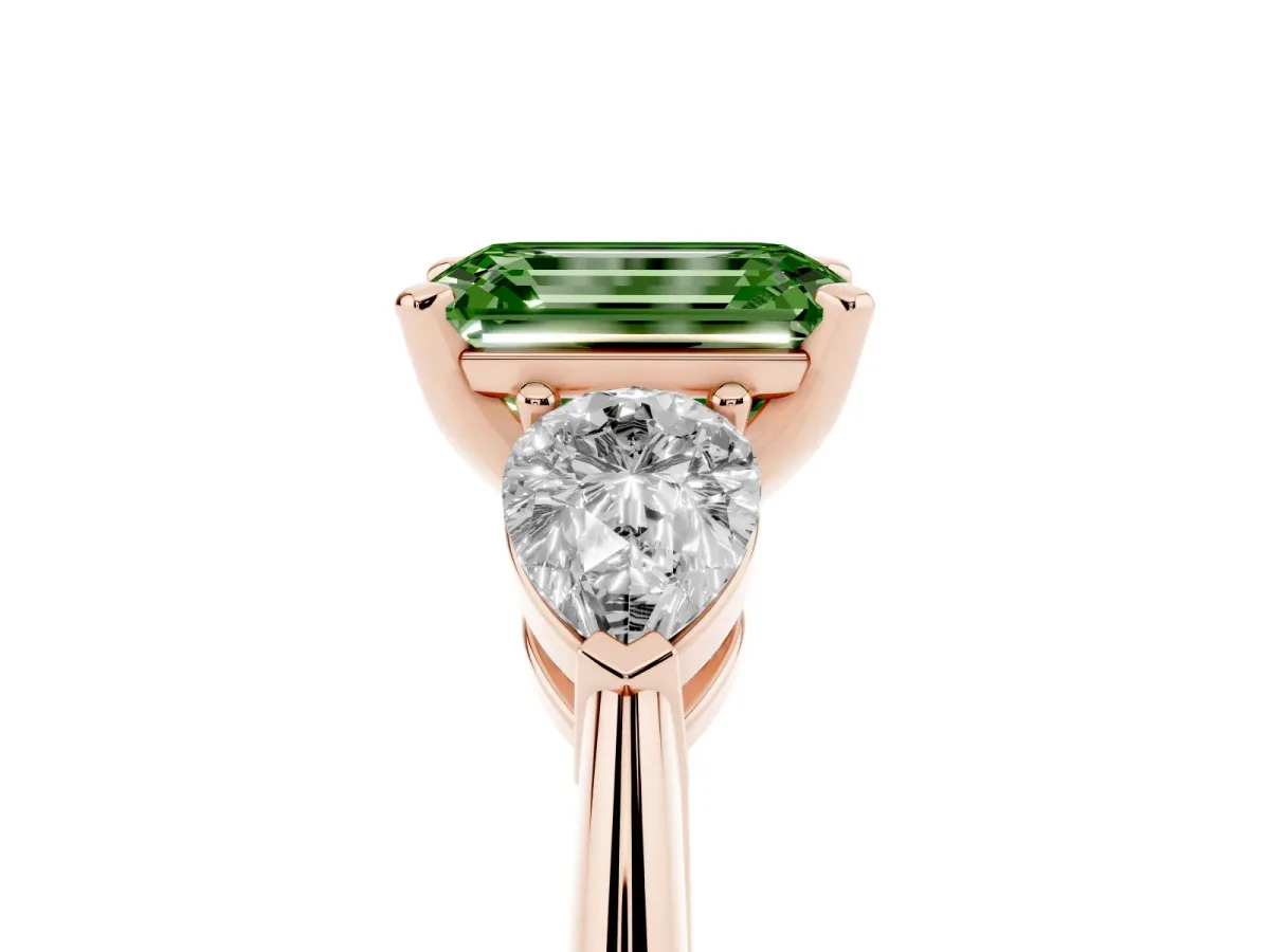 Fancy Green Three-Stone Emerald Cut Diamond Ring with Pear Side Stones and Four-Prong Setting Rose gold
