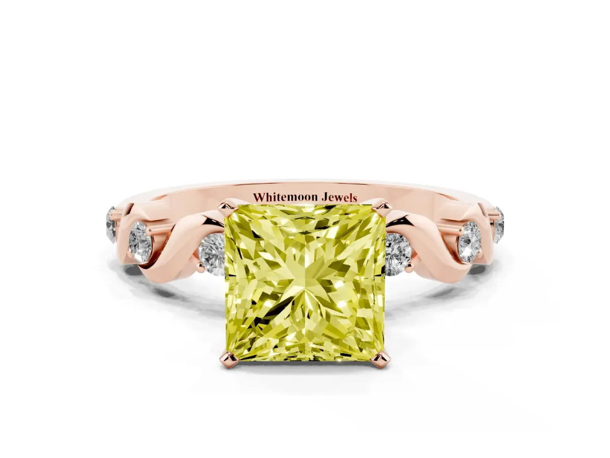 Fancy Yellow Princess Cut Diamond Solitaire Twisted Band with Round Accents and Prong Setting Rose gold