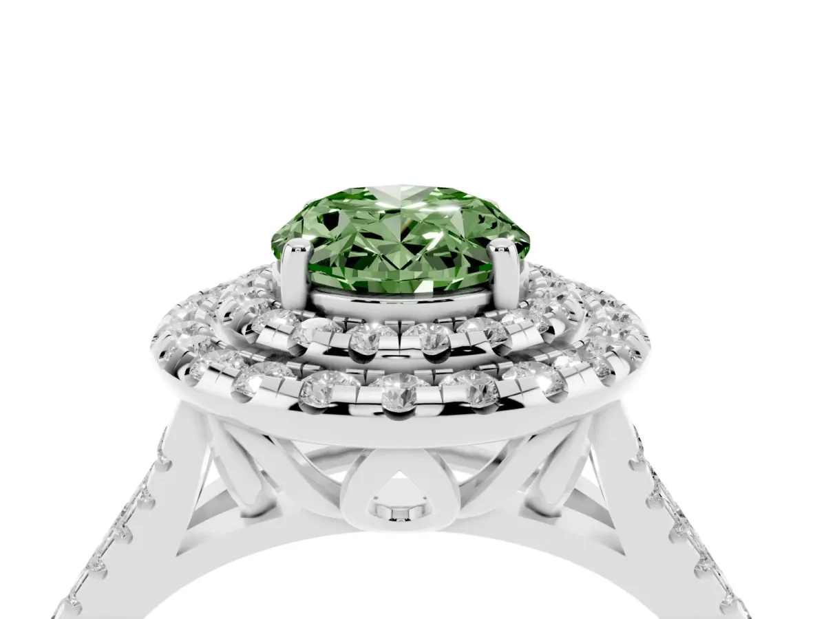 Fancy Green Double Halo Oval Cut Diamond Pavé Split Shank Ring with Prong Setting White gold