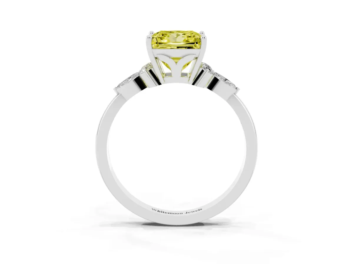 Fancy Yellow Princess Cut Brilliant Diamond Solitaire Ring with Pear Side Stones and Four-Prong Setting Silver