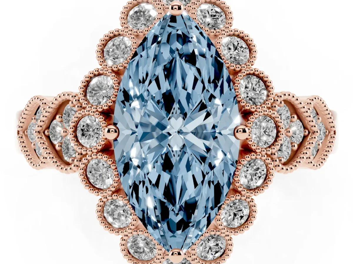 Fancy Blue Marquise Cut Brilliant Milgrain Pave Heart Band Solitaire Ring Rose gold