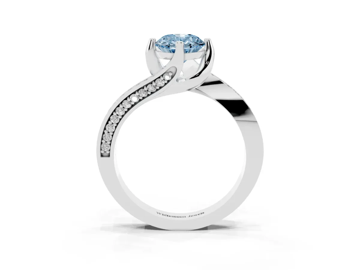 Fancy Blue Oval Cut Solitaire Diamond Twist Band with Pavé Setting and Four-Prong Setting Silver