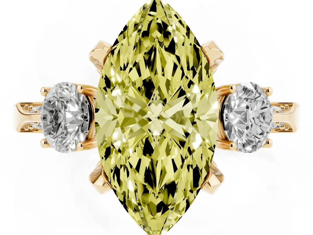 Fancy Yellow Marquise Cut Brilliant Three-Stone Diamond Ring with Pavé Band and Four-Prong Setting Yellow gold
