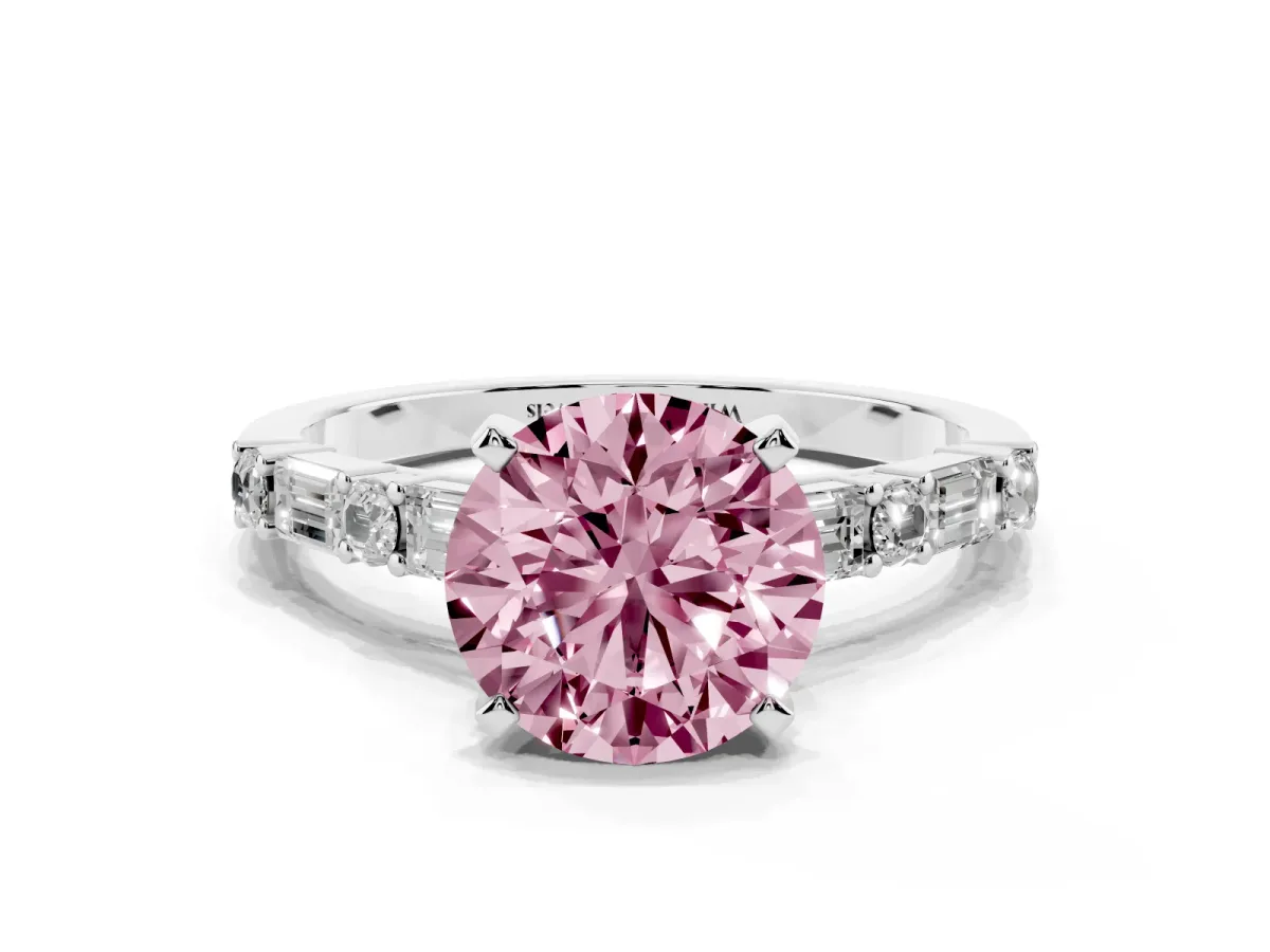 Fancy Pink Round Cut Diamond Solitaire with Side Baguettes and Channel Set Band Silver