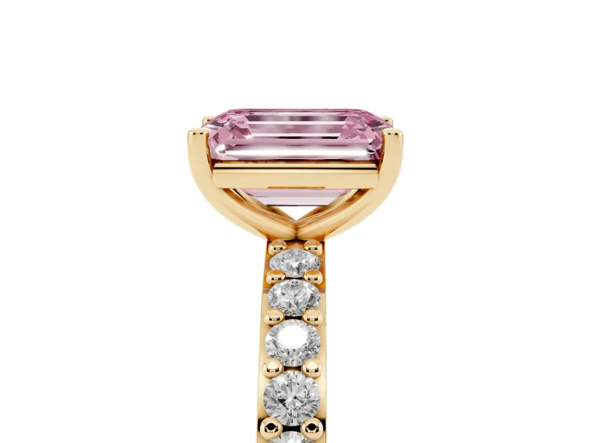 Fancy Pink Emerald Cut Cut Diamond Solitaire with Pave Band and Four-Prong Setting Yellow gold