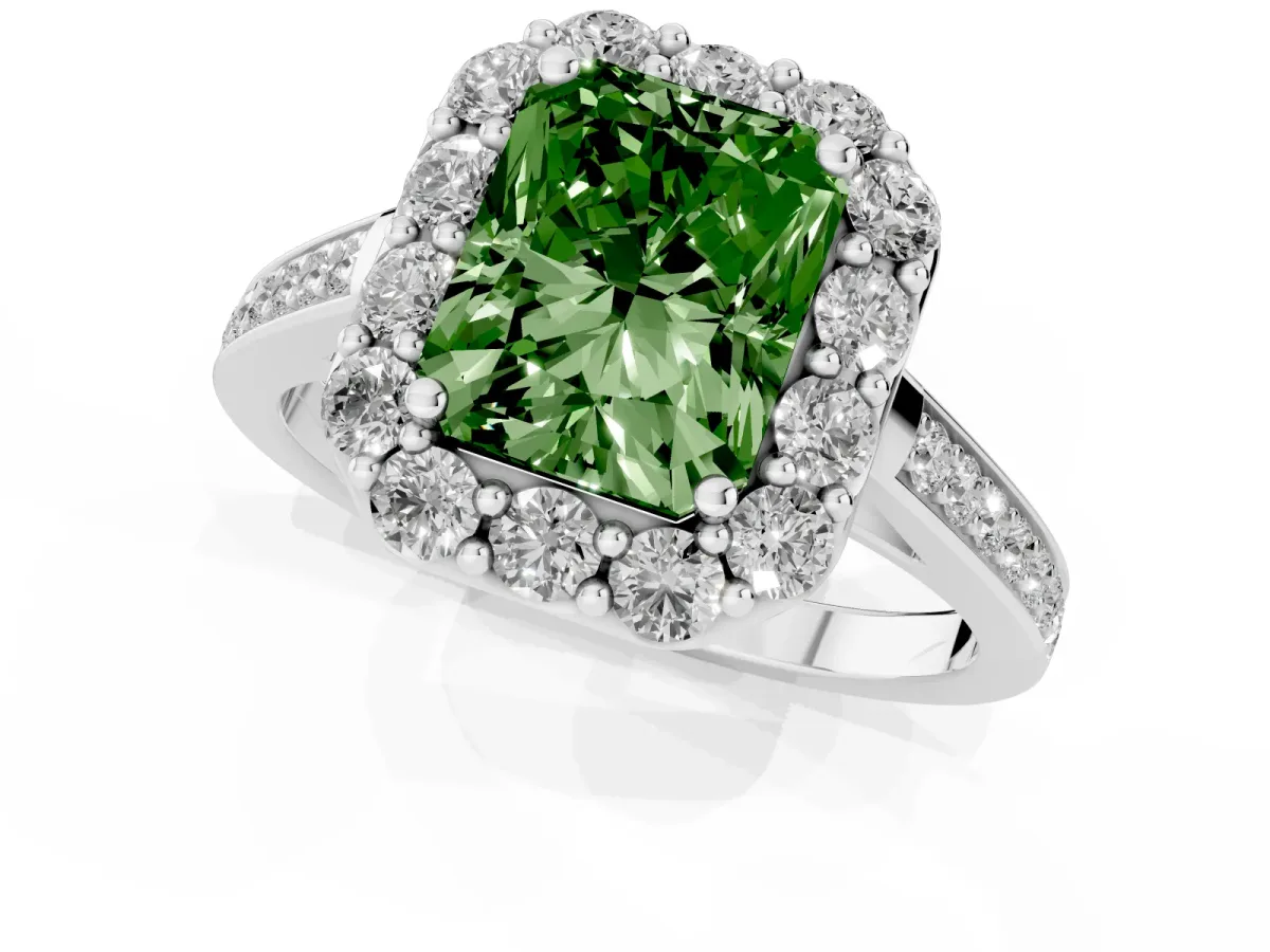 Fancy Green Radiant Cut Diamond Floral Halo Ring with Pavé Band and Prong Setting Silver