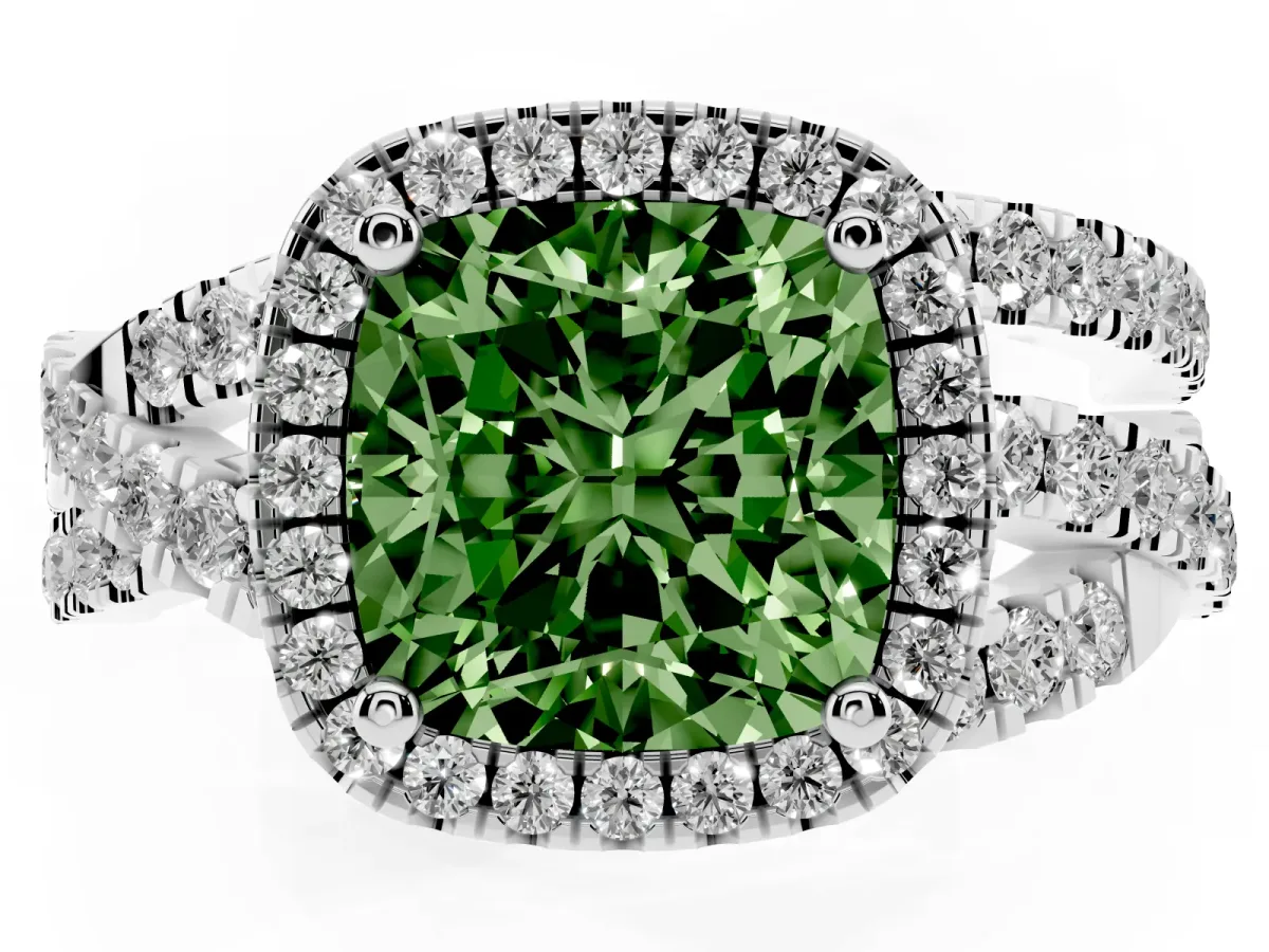 Fancy Green Cushion Cut Diamond Halo Ring with Round Split Shank and Prong Setting Silver