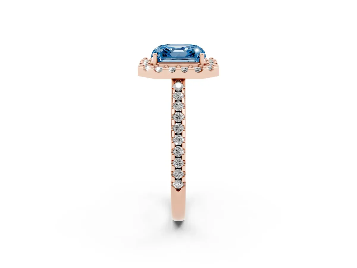 Fancy Blue Asscher Cut Diamond Pavé Halo Ring with Four-Prong Setting Rose gold