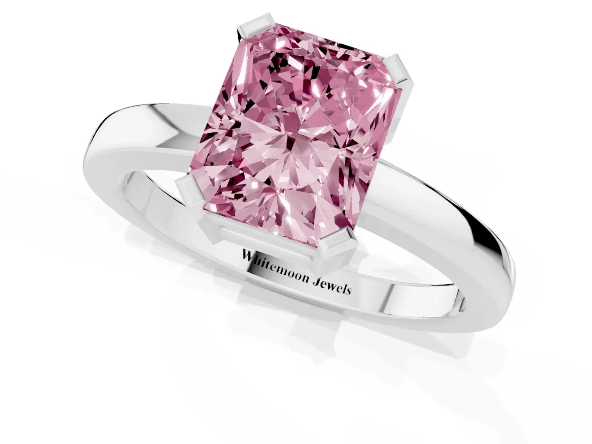 Fancy Pink Radiant Cut Cut Solitaire Ring with Four-Prong Setting and Classic Band Silver