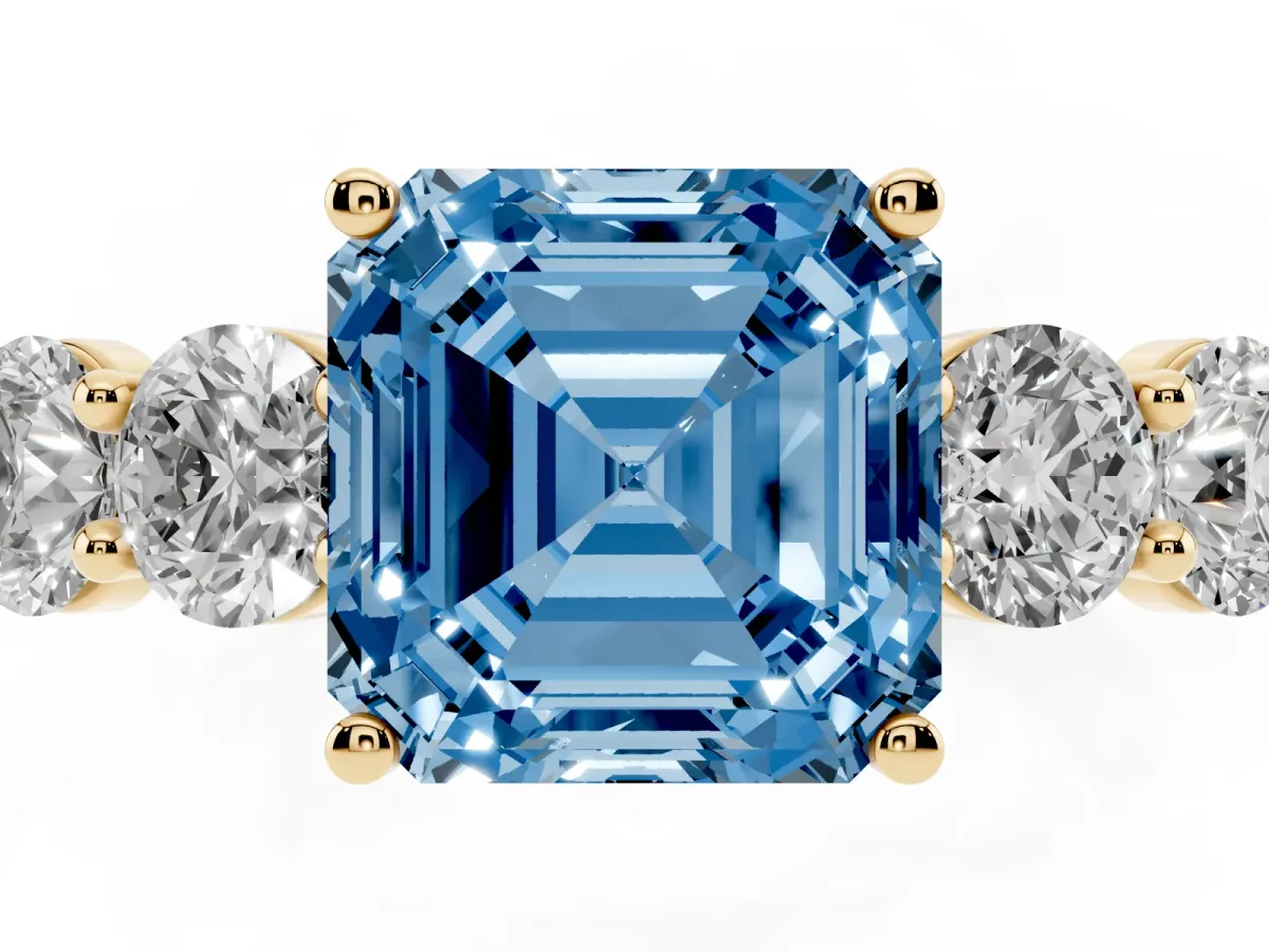 Fancy Blue Asscher Cut Cut Five-Stone Prong Set Diamond Ring with Classic Band Yellow gold