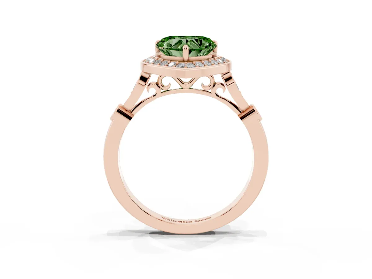 Fancy Green Heart Cut Halo Diamond Engagement Ring with Twisted Band and Four-Prong Setting Rose gold
