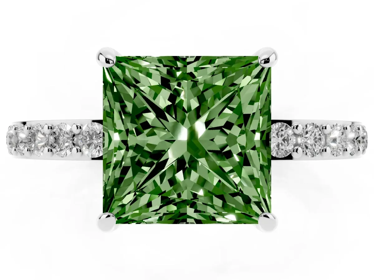 Fancy Green Princess Cut Diamond Solitaire Engagement Ring with Pavé Band and Four-Prong Setting Platinum