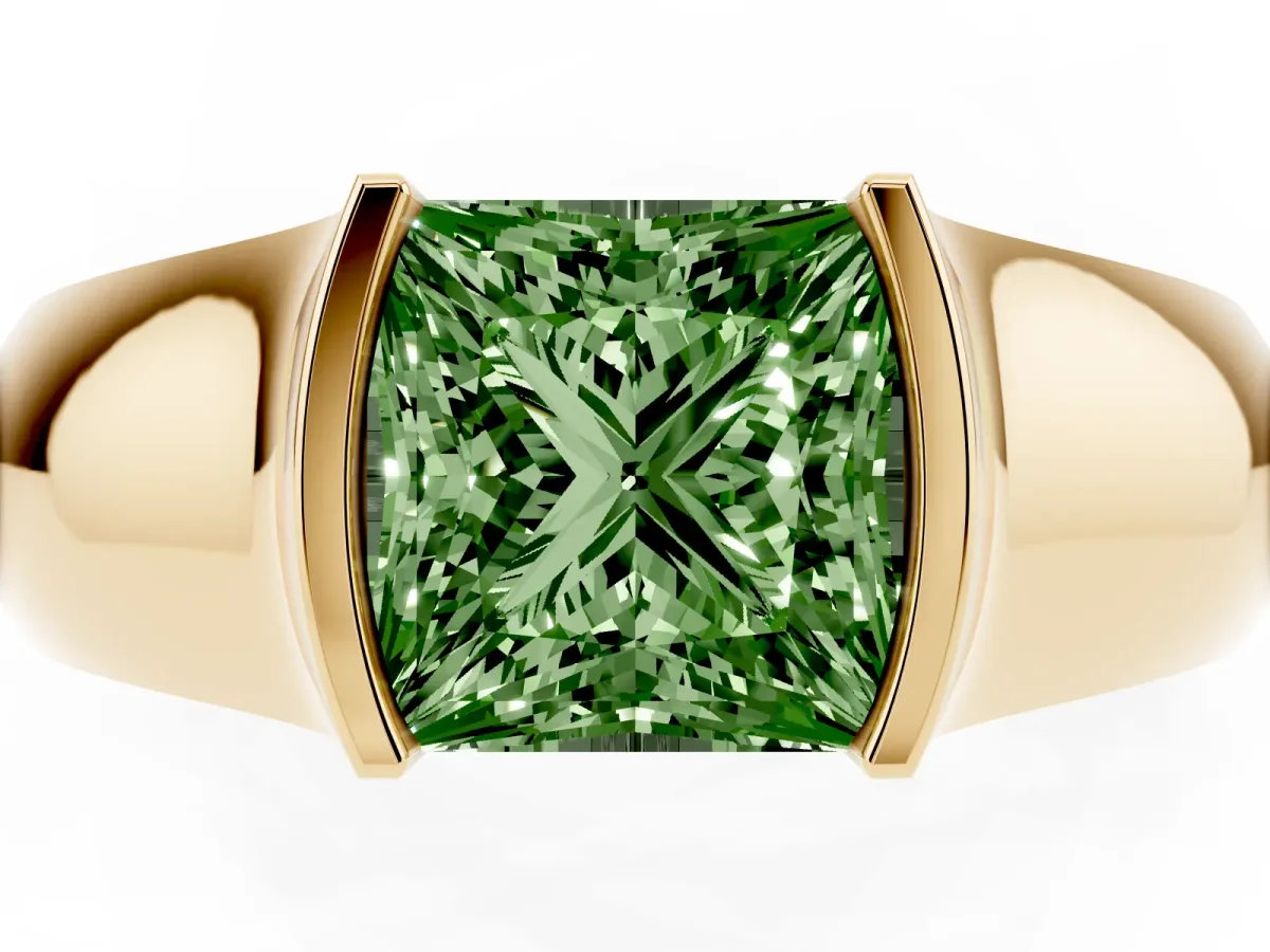 Fancy Green Princess Cut Solitaire Bezel Set Diamond Ring with Wide Band Yellow gold