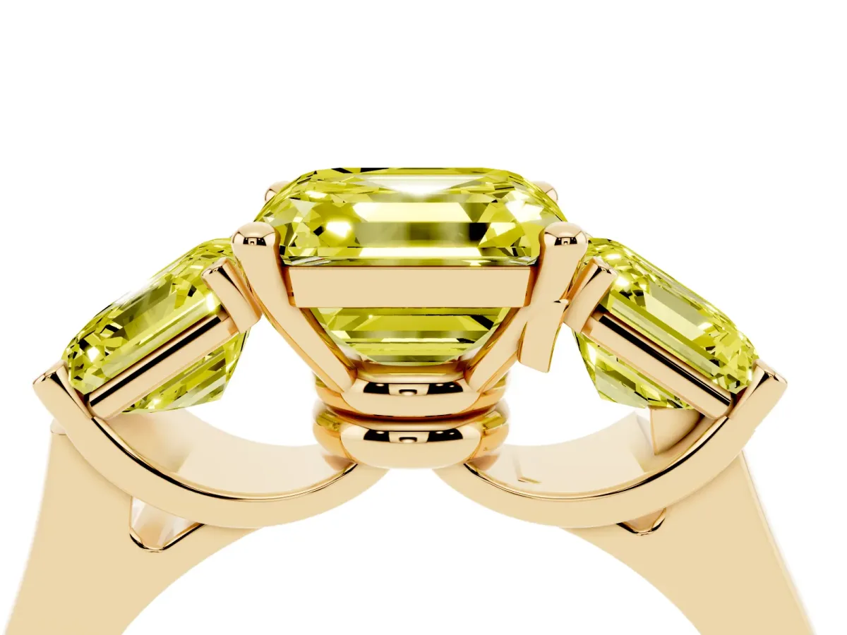 Fancy Yellow Three-Stone Asscher Cut Brilliant Diamond Trellis Ring with Comfort Fit Band Yellow gold