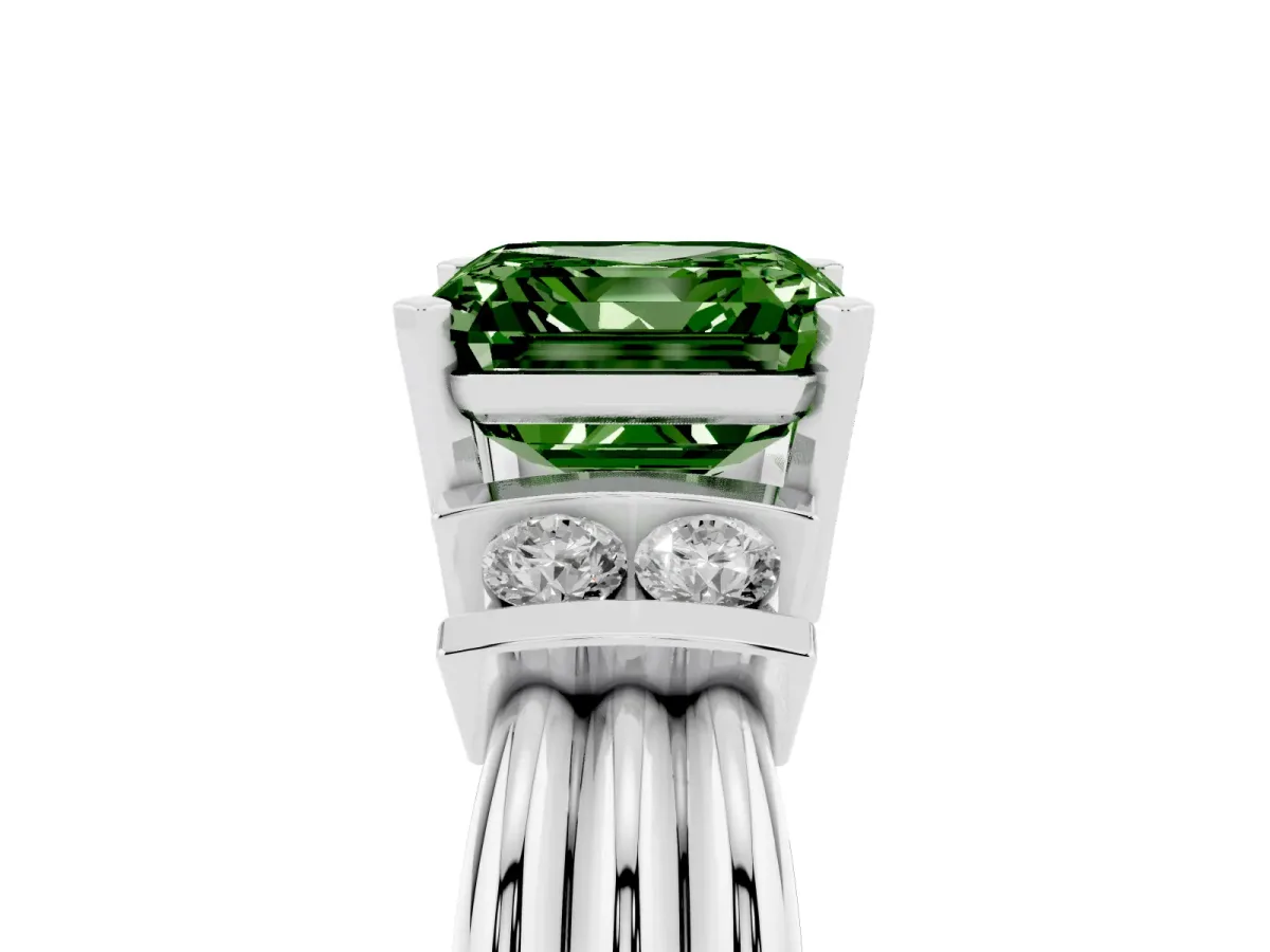 Fancy Green Asscher Cut Cut Three-Stone Channel Set Ring with Bar Prongs Silver