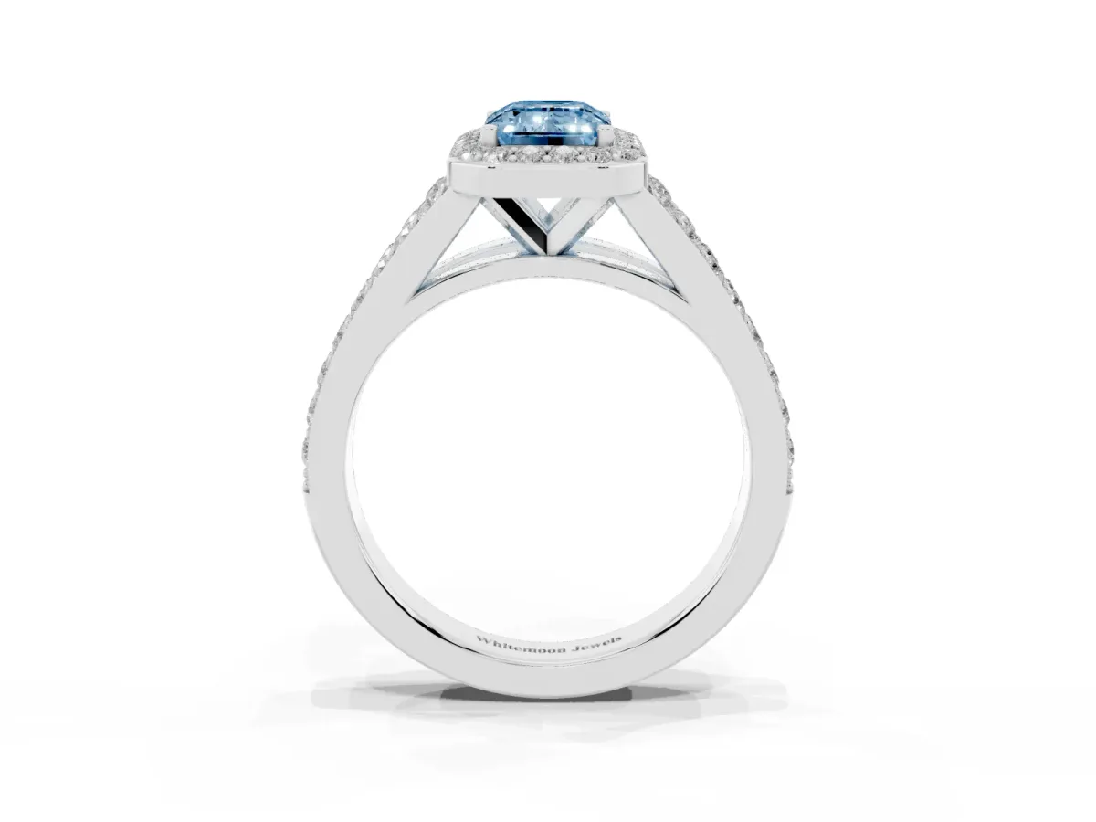 Fancy Blue Emerald Cut Diamond Split Shank Halo Ring with Four-Prong Setting Silver