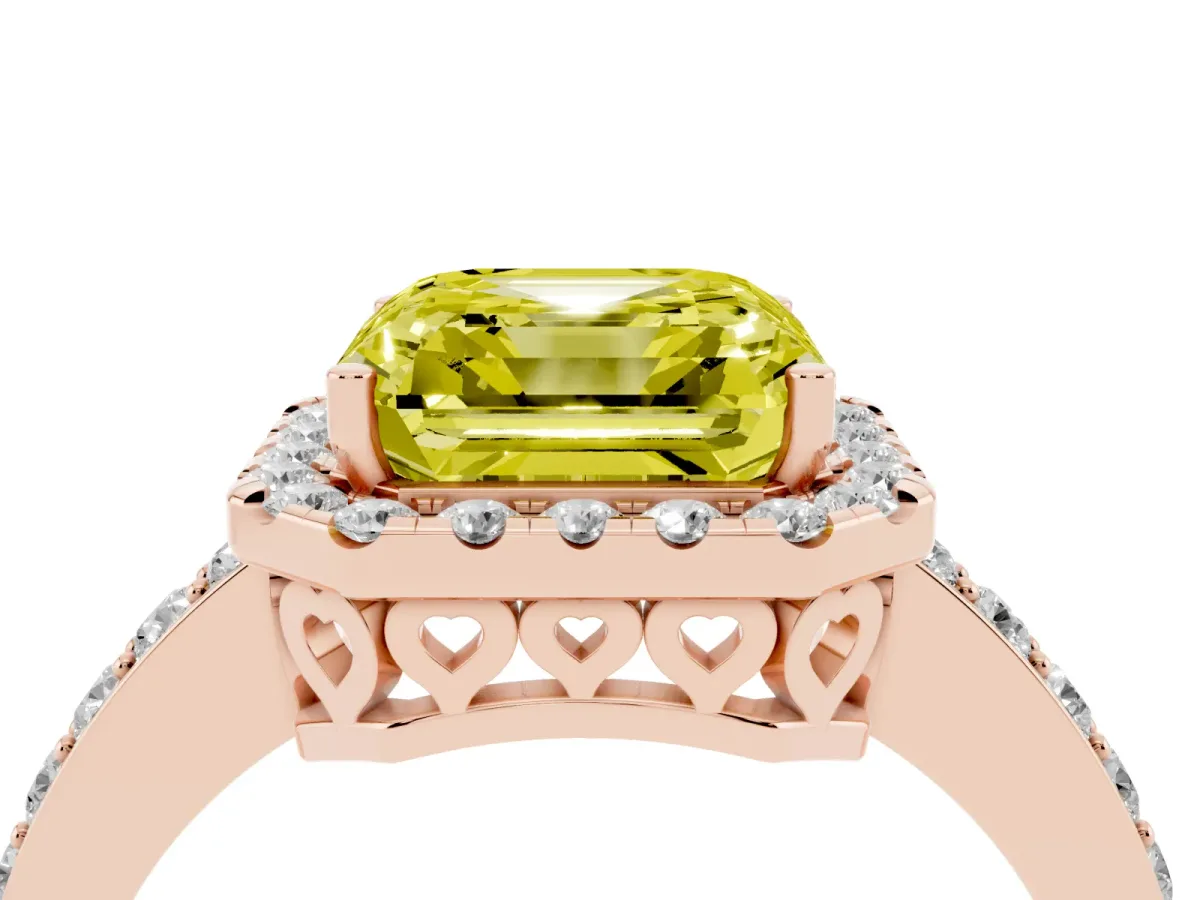 Fancy Yellow Asscher Cut Halo Diamond Pavé Band Ring with Prong Setting Rose gold