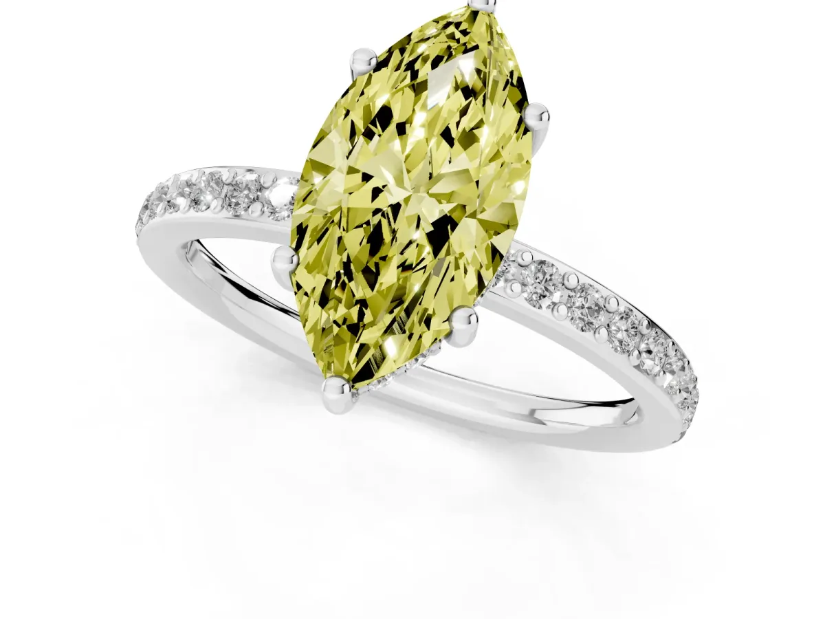 Fancy Yellow Marquise Cut Cut Diamond Pavé Band Ring with Four-Prong Setting Platinum
