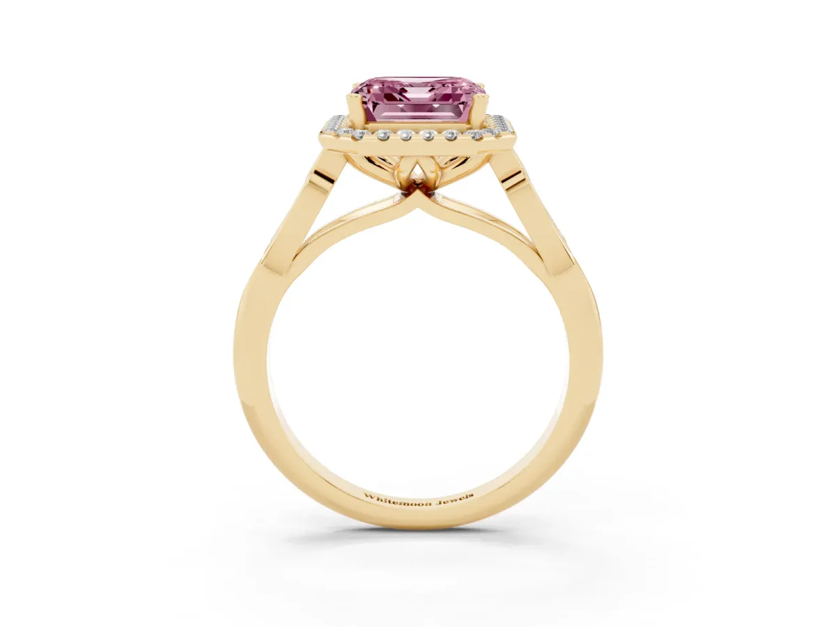 Fancy Pink Asscher Cut Halo Diamond Engagement Ring with Filigree Band and Four-Prong Setting Yellow gold