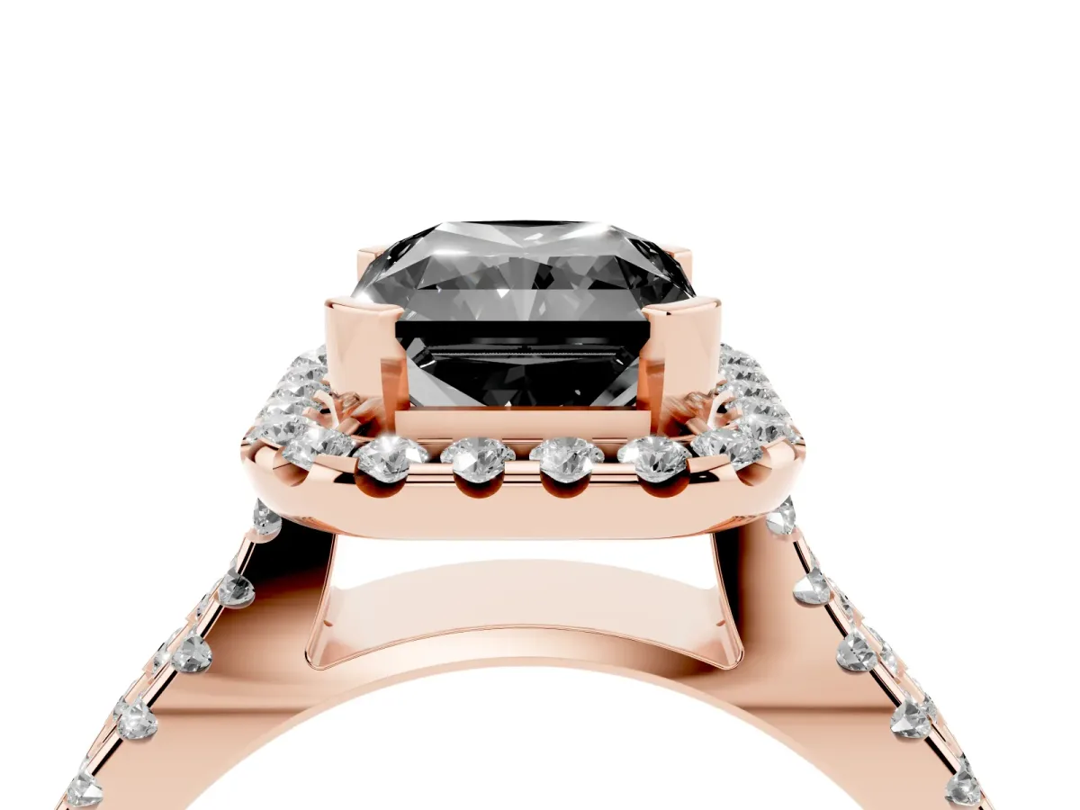 Fancy Black Radiant Cut Diamond Halo Ring with Split Shank Pavé Band and Prong Setting Rose gold
