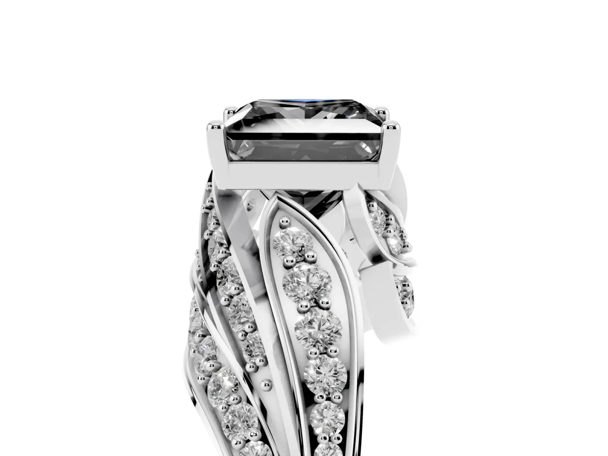 Fancy Black Princess Cut Diamond Solitaire Ring with Prong Setting and Twisted Pavé Band Silver