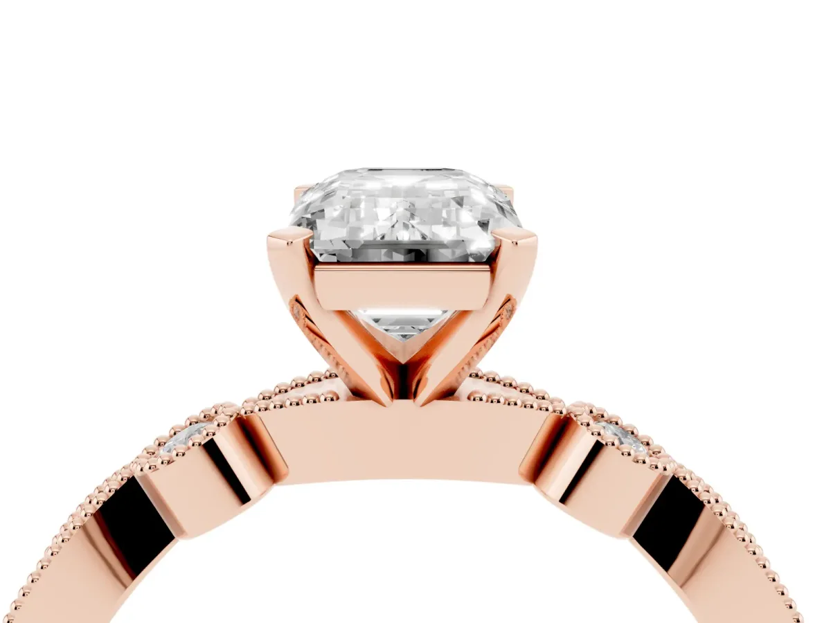 Emerald Cut Milgrain Bezel Diamond Engagement Ring with Solitaire Prong Setting Rose gold