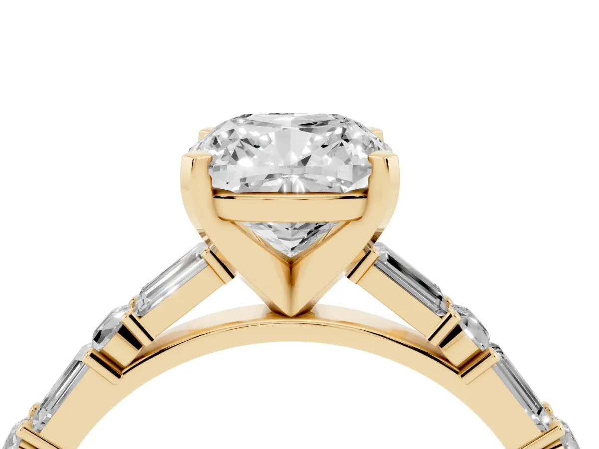 Cushion Cut Diamond Solitaire with Side Baguettes and Channel Set Band Yellow gold