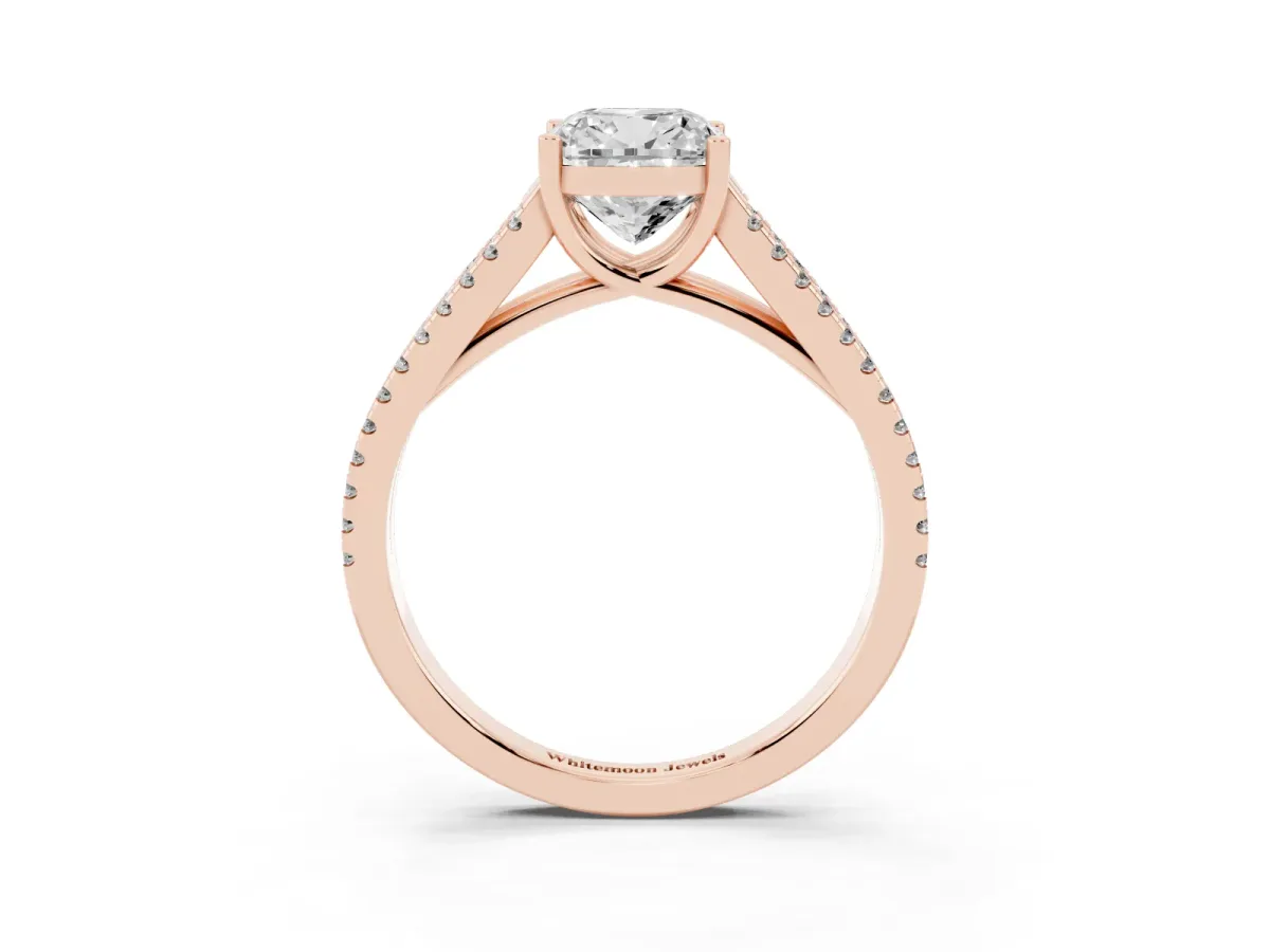 Cushion Cut Diamond Solitaire Engagement Ring with Split Shank Pavé Band Rose gold