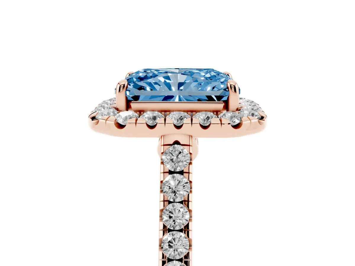 Fancy Blue Radiant Cut Halo Pave Diamond Engagement Ring with Four-Prong Setting Rose gold