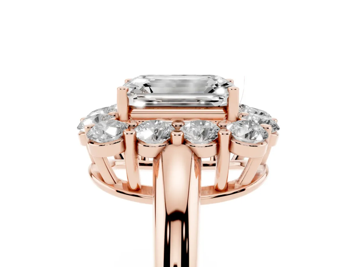 Emerald Cut Halo Cluster Diamond Engagement Ring with Prong Setting and Polished Band Rose gold