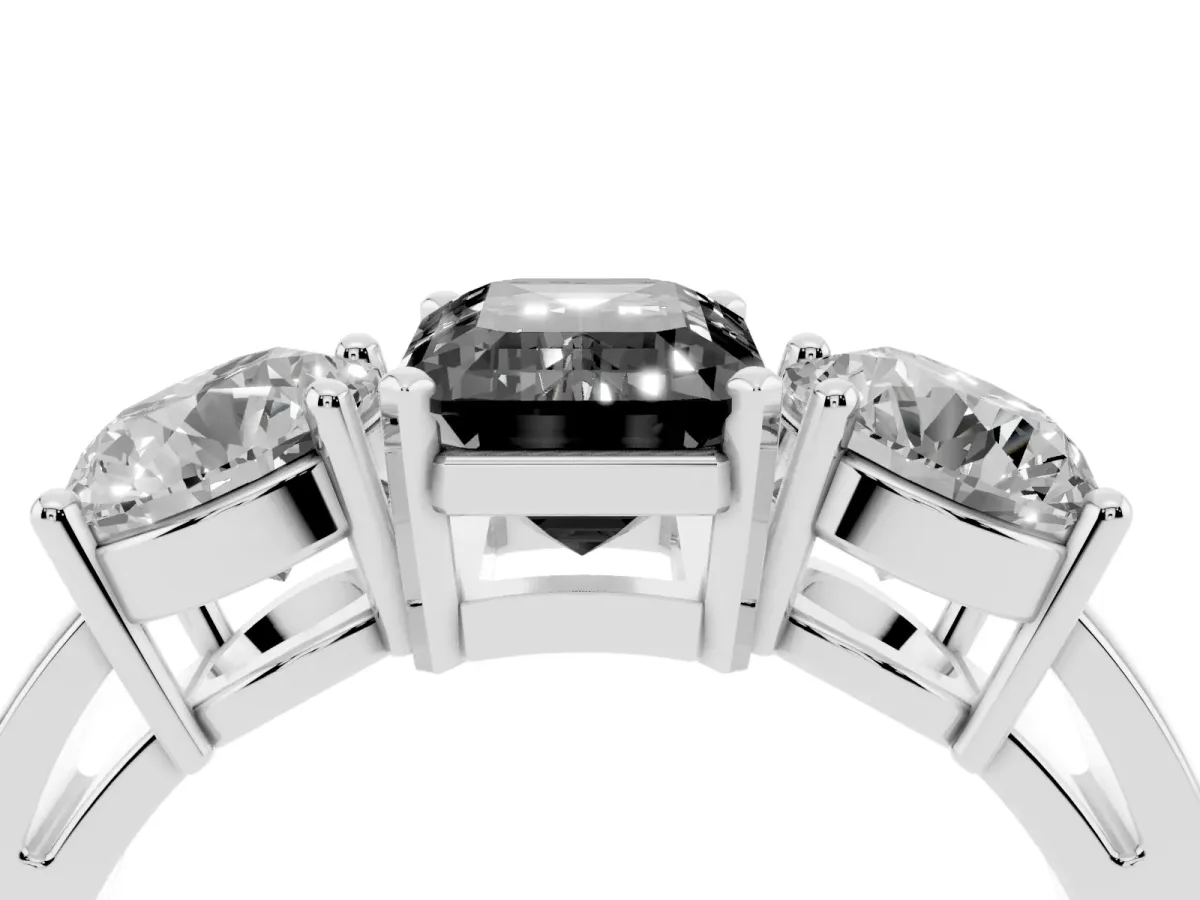 Fancy Black Three-Stone Emerald Cut Diamond Ring with Round Side Stones, Classic Band, and Four-Prong Setting Silver