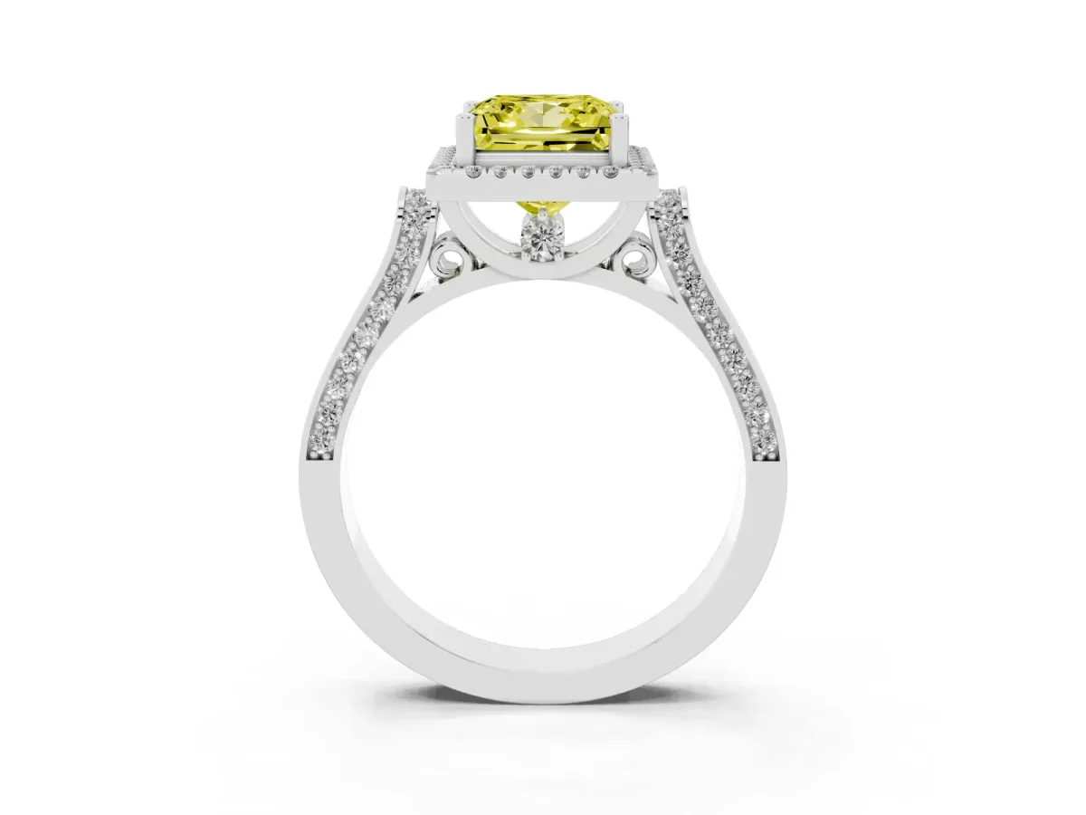 Fancy Yellow Princess Cut Halo Round Diamond Twist Band with Four-Prong Setting White gold