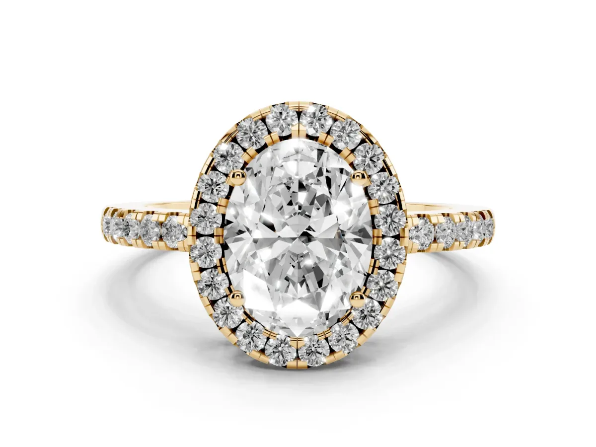 Oval Cut Halo Diamond Engagement Ring with Pavé Band and Four-Prong Setting Yellow gold