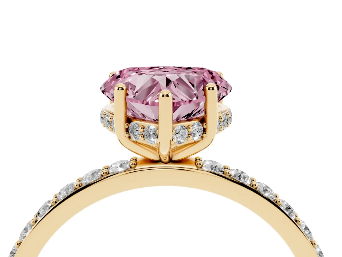 Fancy Pink Heart Cut Diamond Solitaire Ring with Pavé Band and Hidden Halo Yellow gold