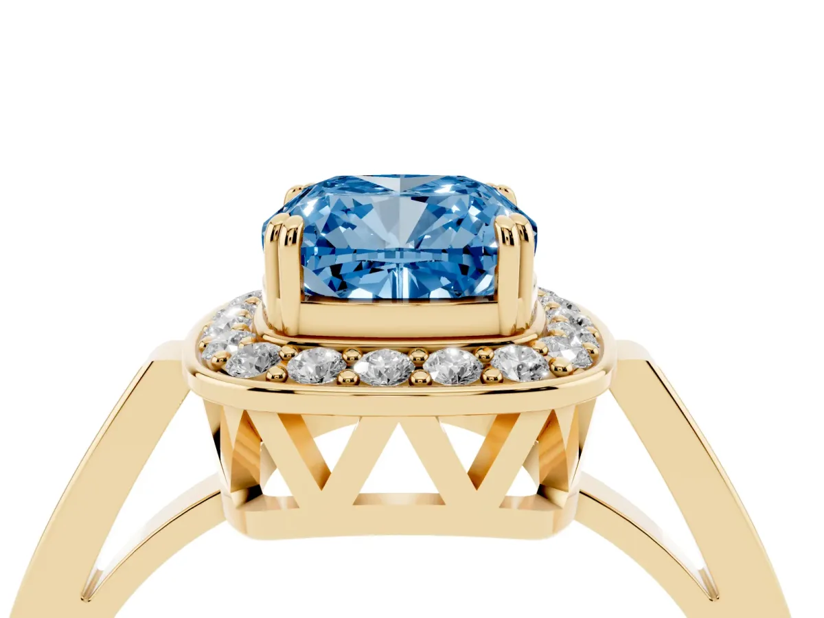 Fancy Blue Cushion Cut Diamond Halo Ring with Split Shank and Four-Prong Setting Yellow gold
