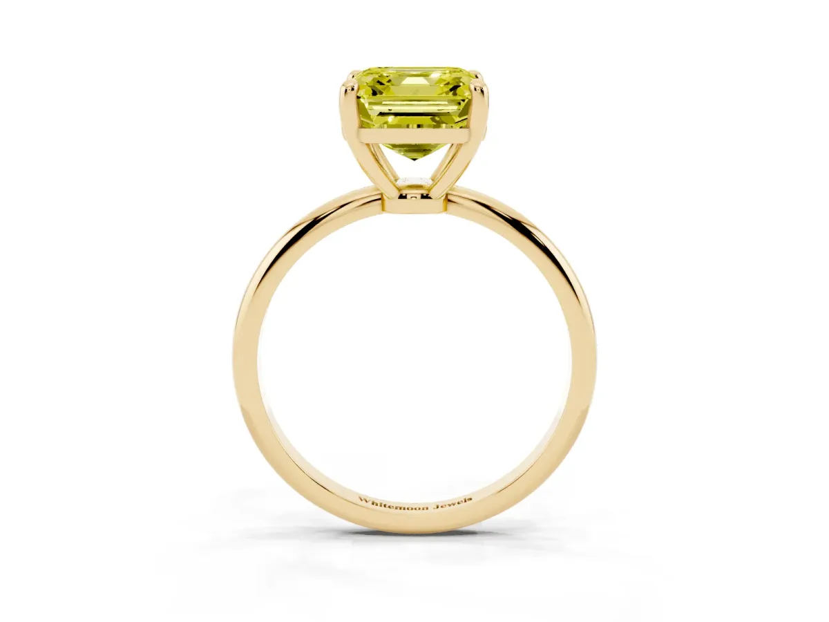 Fancy Yellow Asscher Cut Solitaire Diamond Ring with 4-Prong Setting on a Classic Band Yellow gold