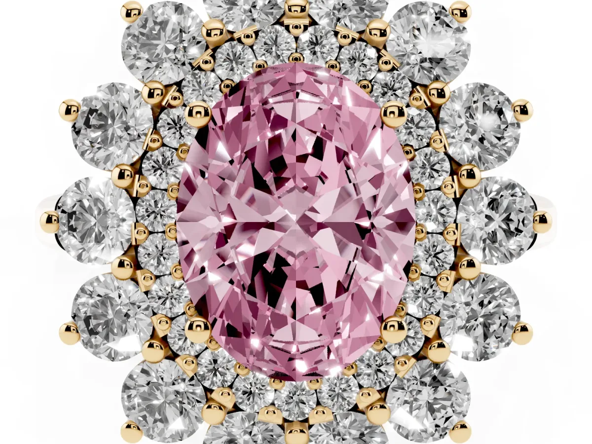 Fancy Pink Oval Cut Diamond Floral Double Halo Engagement Ring with Prong Setting Yellow gold
