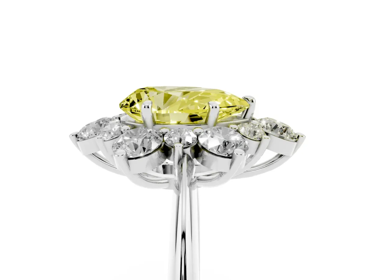 Fancy Yellow Pear Cut Diamond Cluster Halo Ring with Solitaire Band and Four-Prong Setting Silver
