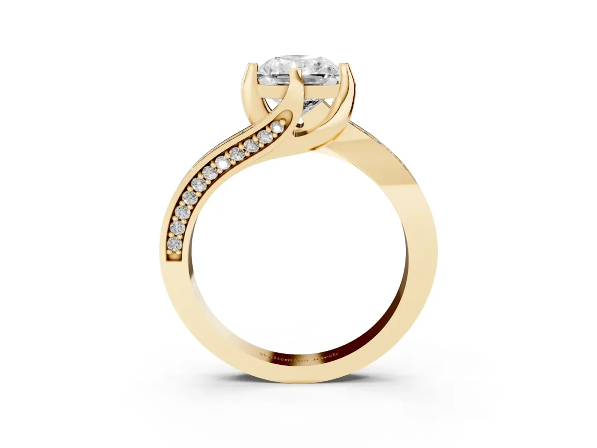 Radiant Cut Solitaire Diamond Twist Band with Pavé Setting and Four-Prong Setting Yellow gold