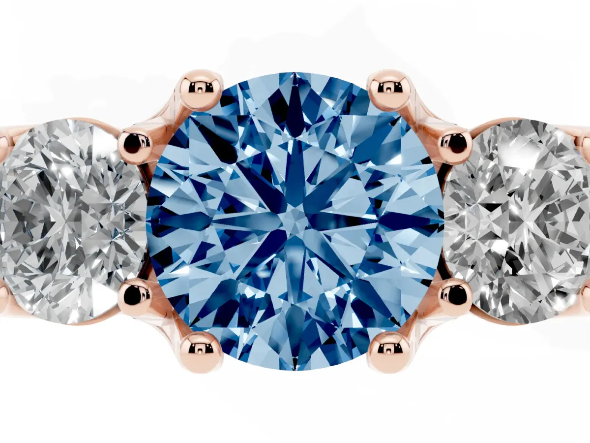 Fancy Blue Round Cut Diamond Three-Stone Ring with Channel Set Band and Four-Prong Setting Rose gold